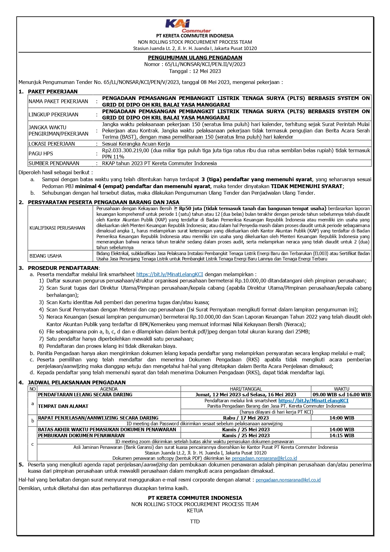 2 pengumuman ulang 65 pengadaan pemasangan pembangkit listrik tenaga surya plts page 0001